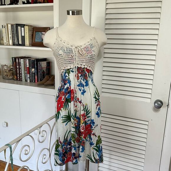 Crochet Floral Sundress Womens Large Boho Knee Length Resort Tropical‎ Festival - Picture 3 of 13